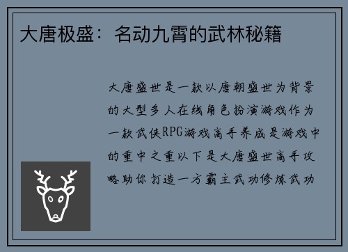 大唐极盛：名动九霄的武林秘籍