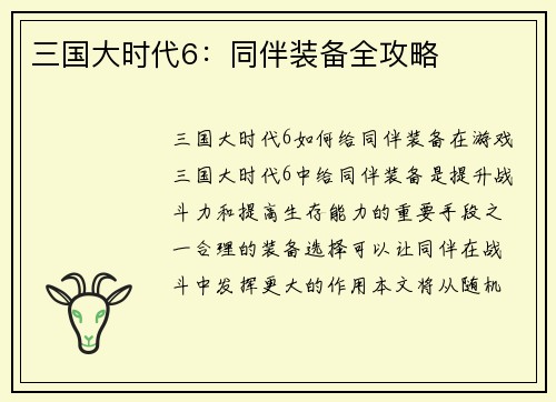 三国大时代6：同伴装备全攻略