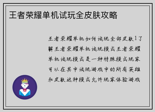王者荣耀单机试玩全皮肤攻略