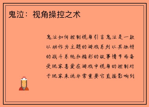 鬼泣：视角操控之术